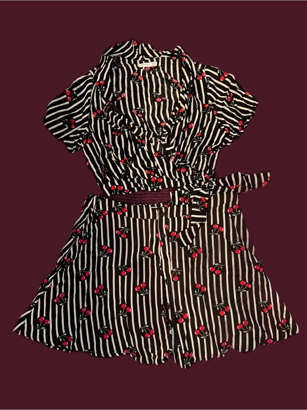 Glamorous Black White Stripe w/ Cherry Wrap Ruffle Blouse & Swing Mini Skirt
